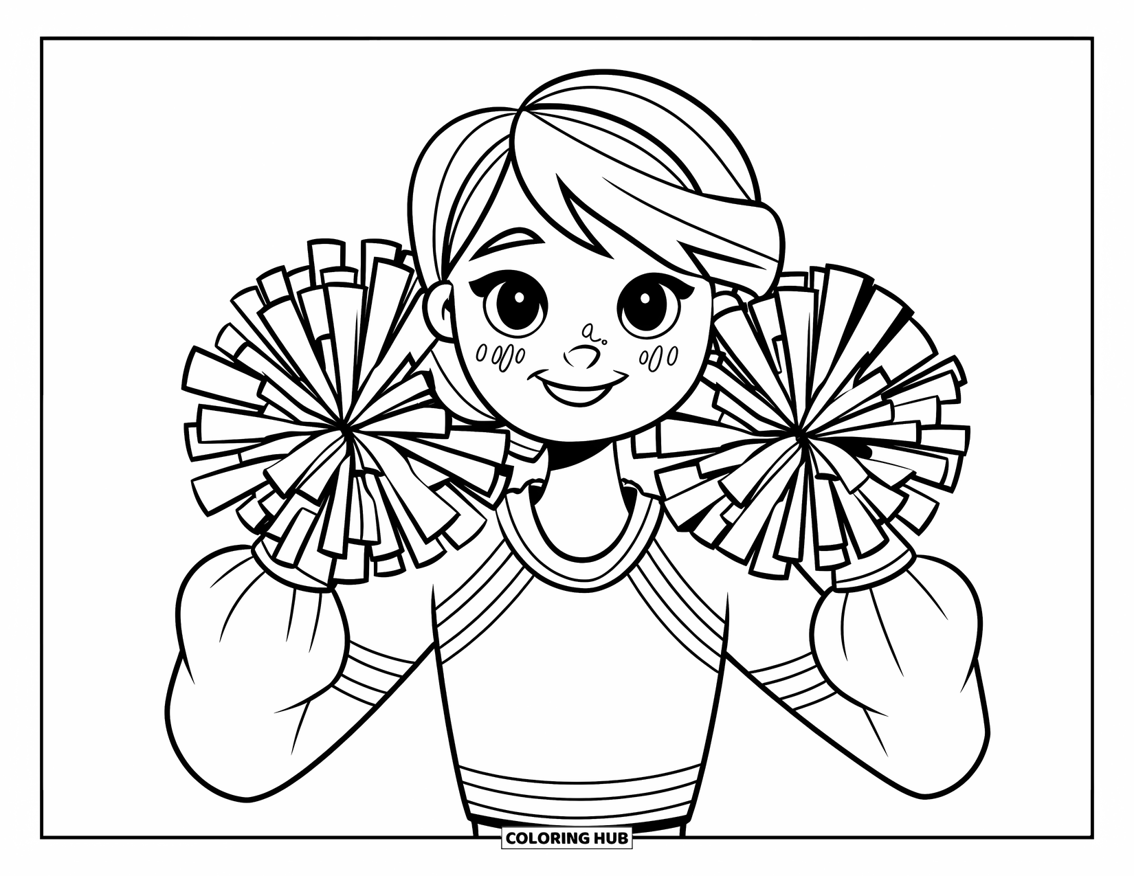 Cheerleader Coloring Page for Adults: Cheerleader smiles shyly with pom-poms near her cheeks in a varsity-style outfit
