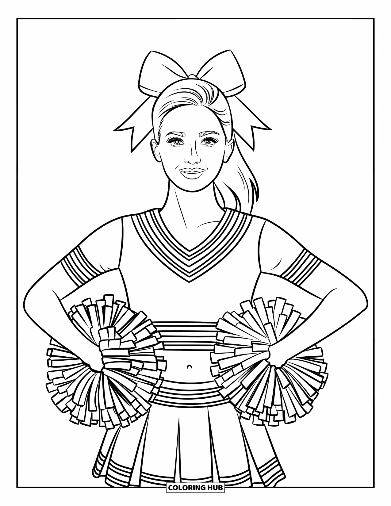 Cheerleader Coloring Page for Adults: Cheerleader smiles sweetly with pom-poms at her chest and a bold-striped cheer top