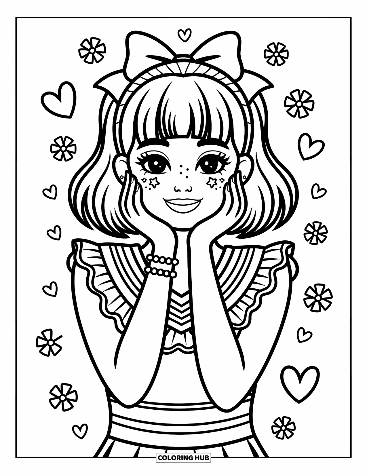 Cheerleader Coloring Page for Adults: Cheerleader smiles sweetly with tiny stars in her eyes and hands on her cheeks