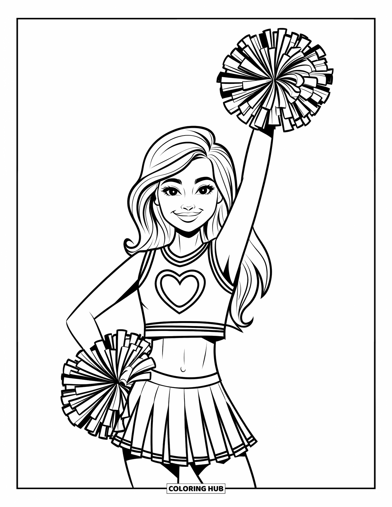 Cheerleader Coloring Page for Adults: Cheerleader smiles warmly with a pom-pom lifted near her heart-accented top