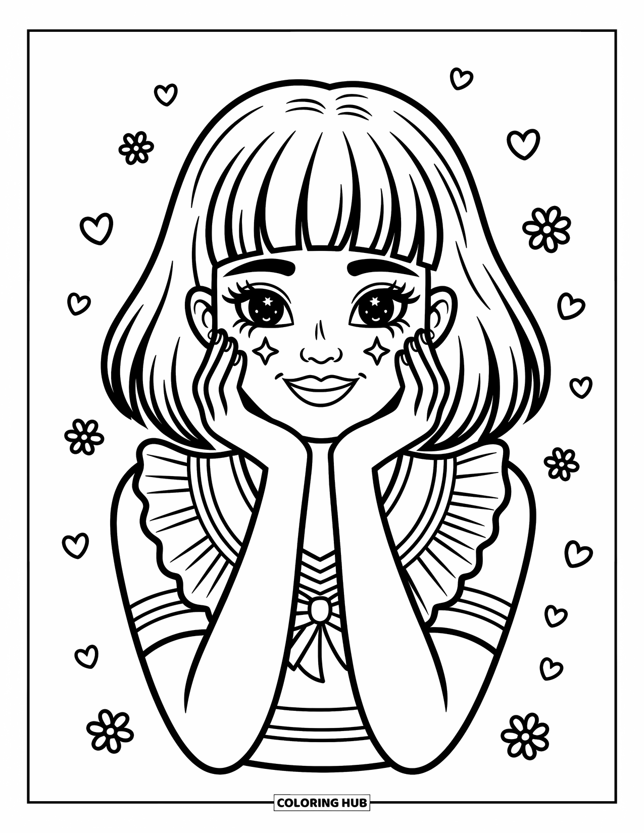 Cheerleader Coloring Page for Adults: Cheerleader smiles with her cheeks cupped and stars and hearts around her