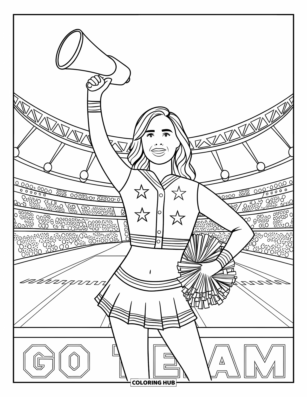 Cheerleader Coloring Page for Adults: Cheerleader stands on a "GO TEAM" platform with megaphone and skirt in hand