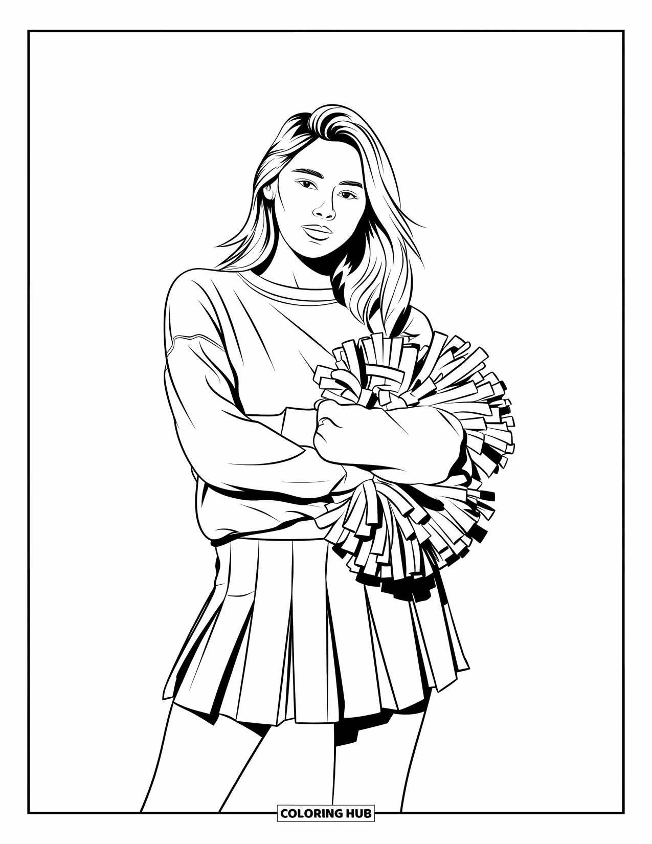 Cheerleader Coloring Page for Adults: Cheerleader stands relaxed in a sweatshirt, arms crossed with pom-pom under arm