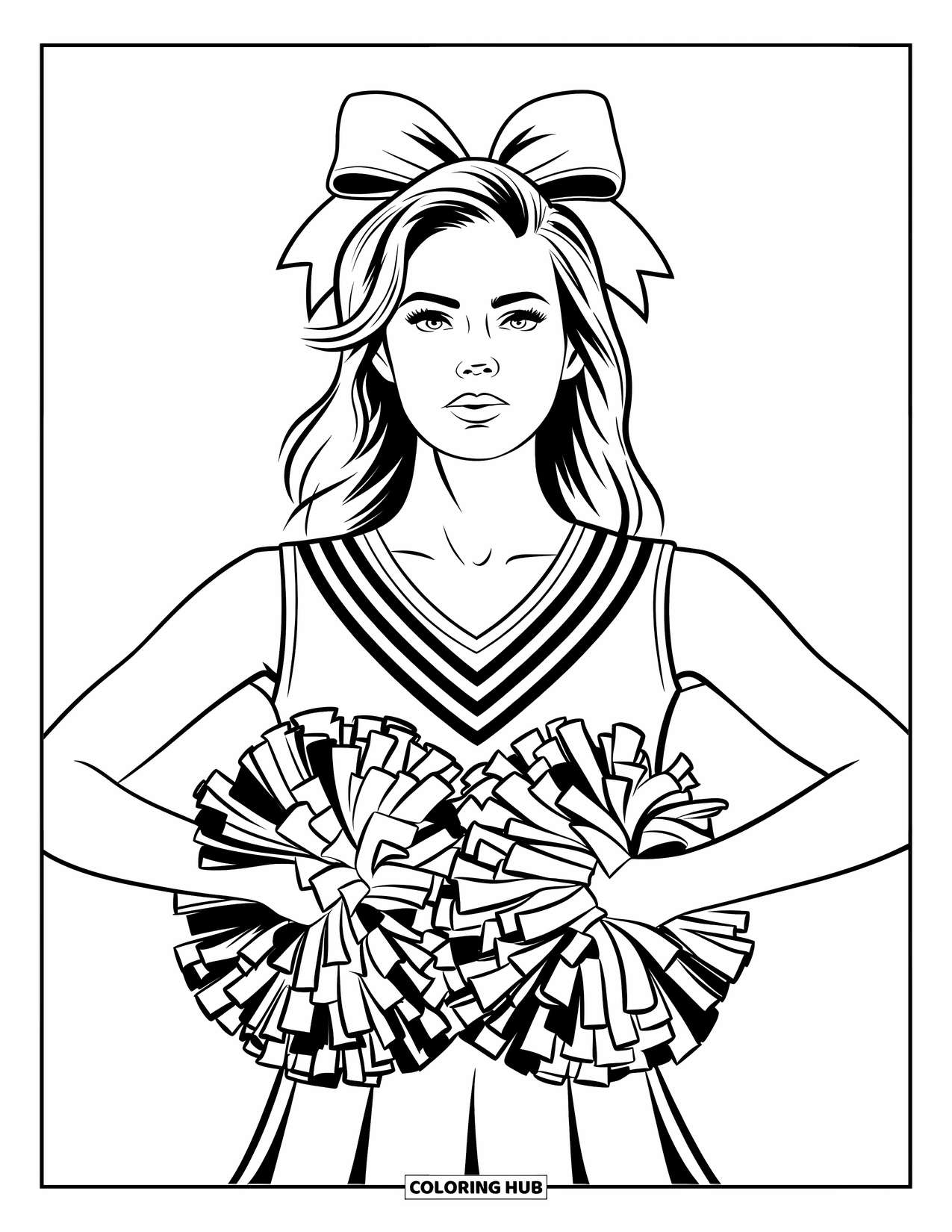 Cheerleader Coloring Page for Adults: Cheerleader stands smiling with pom-poms near her chest and a large bow on her head