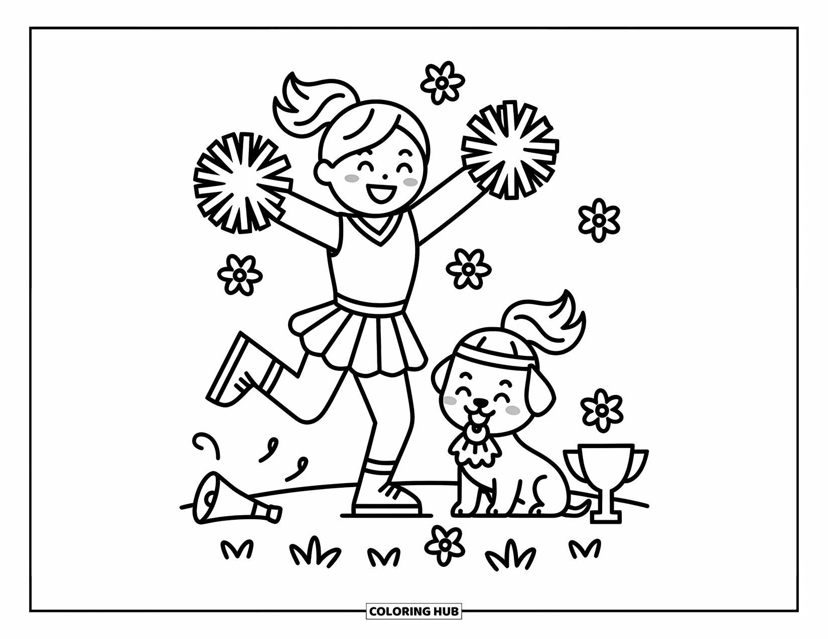 Cheerleader Coloring Page for Adults: Cheerleader strikes a fun pose beside her puppy holding a tiny pom-pom
