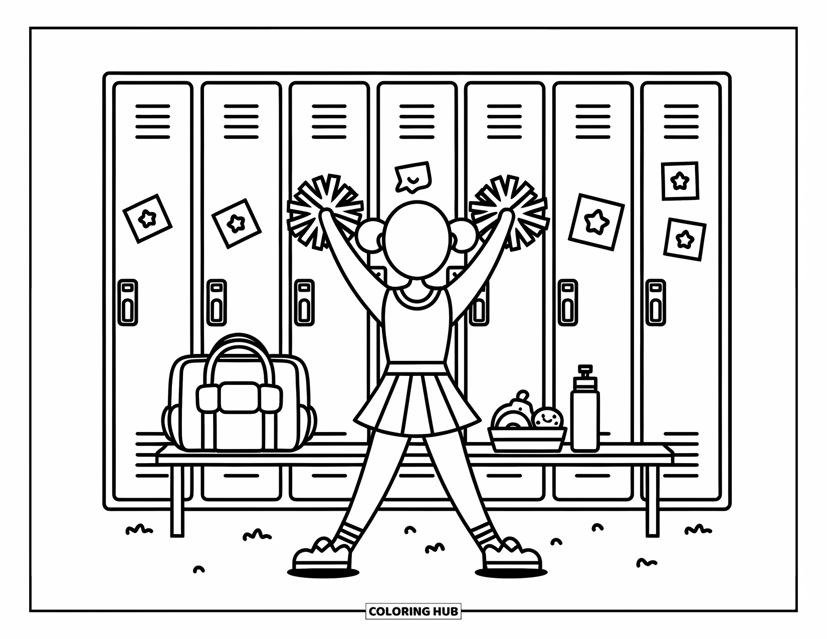 Cheerleader Coloring Page for Adults: Cheerleader swings pom-poms in front of playful lockers with her school things on a bench