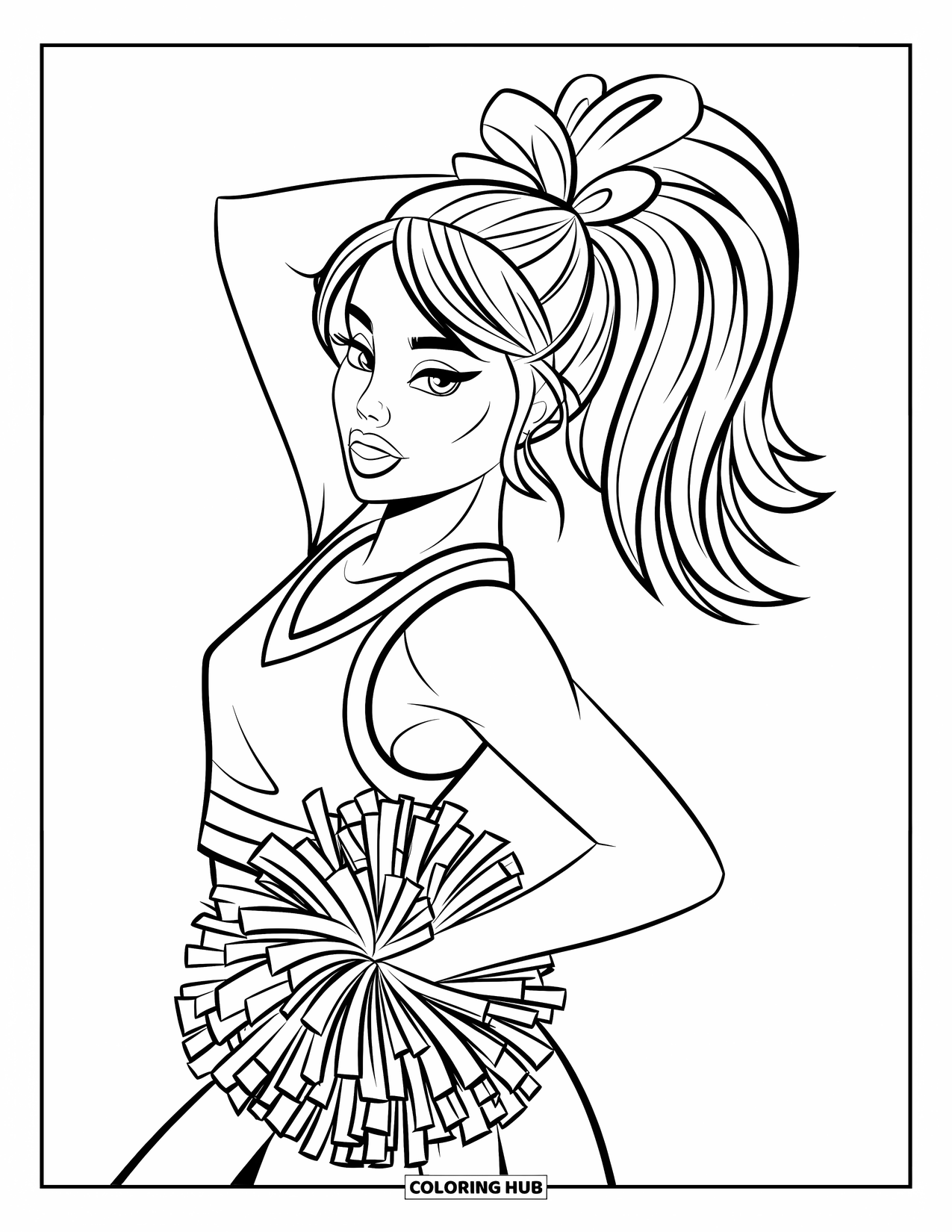 Cheerleader Coloring Page for Adults: Cheerleader tilts her head in a cute side pose holding a pom-pom