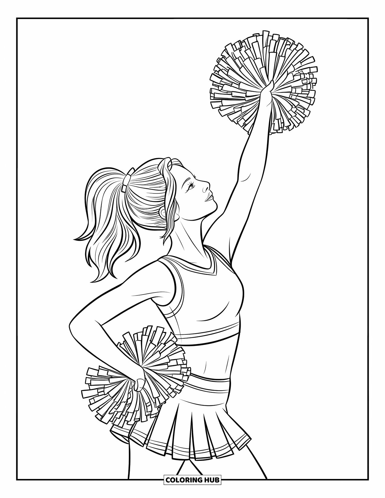 Cheerleader Coloring Page for Adults: Cheerleader tilts her head in a side pose with one hand on her hip