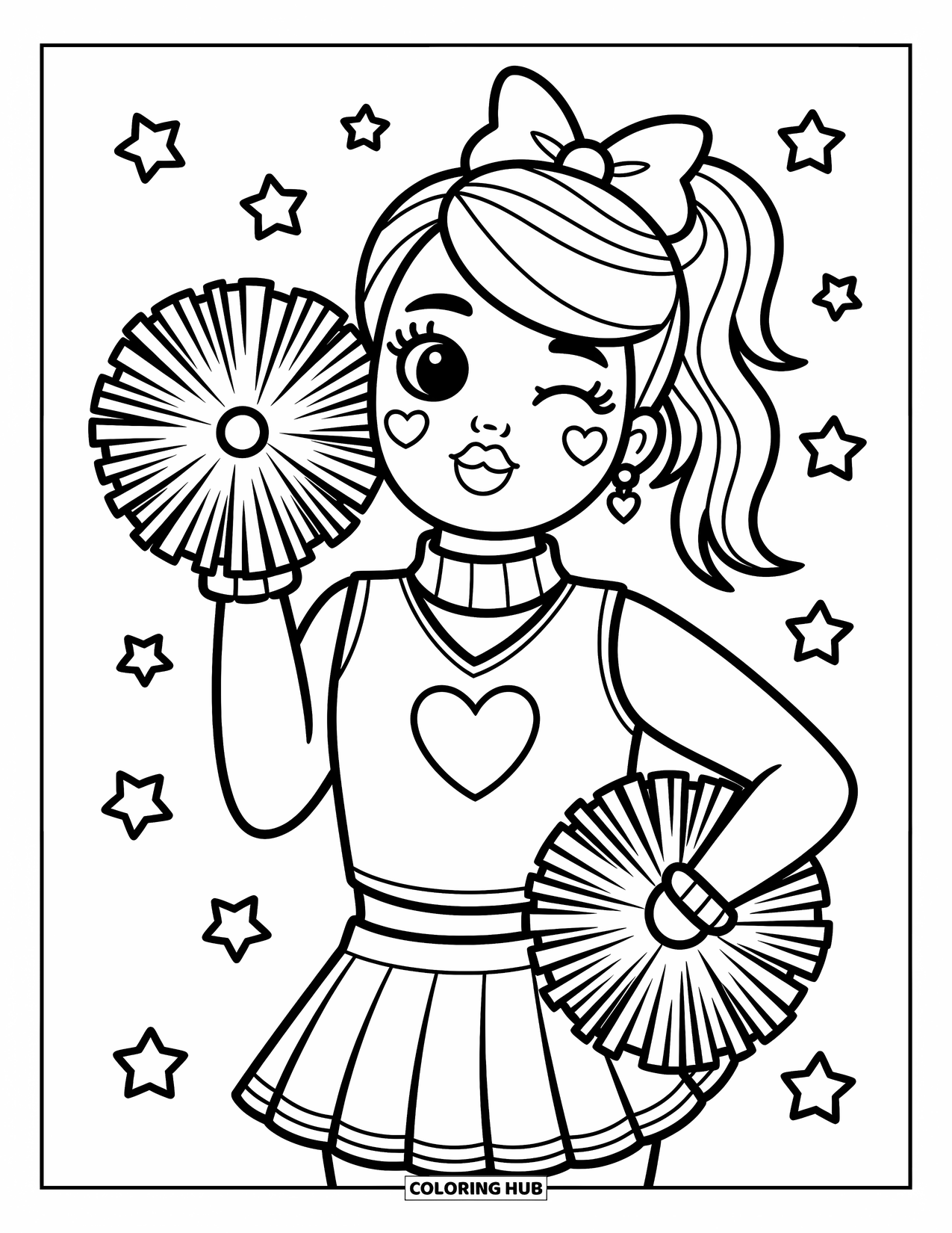 Cheerleader Coloring Page for Adults: Cheerleader winks and blows a kiss with a pom-pom and heart stickers on her cheeks