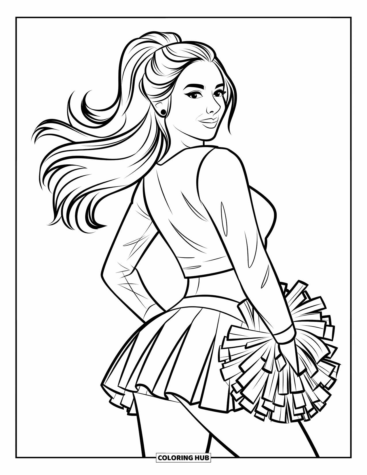 Cheerleader Coloring Page for Adults: Cheerleader with a ponytail stands in a back pose, holding a pom-pom to her side