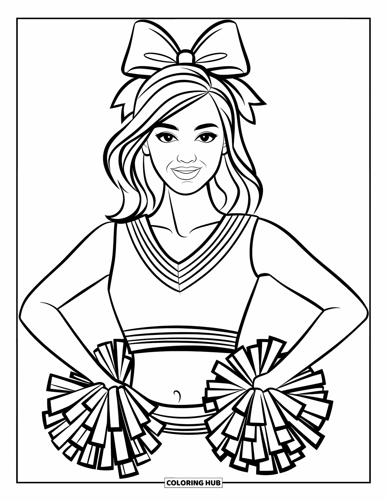Cheerleader Coloring Page for Adults: Cheerleader with big bow smiles gently holding pom-poms close to her chest