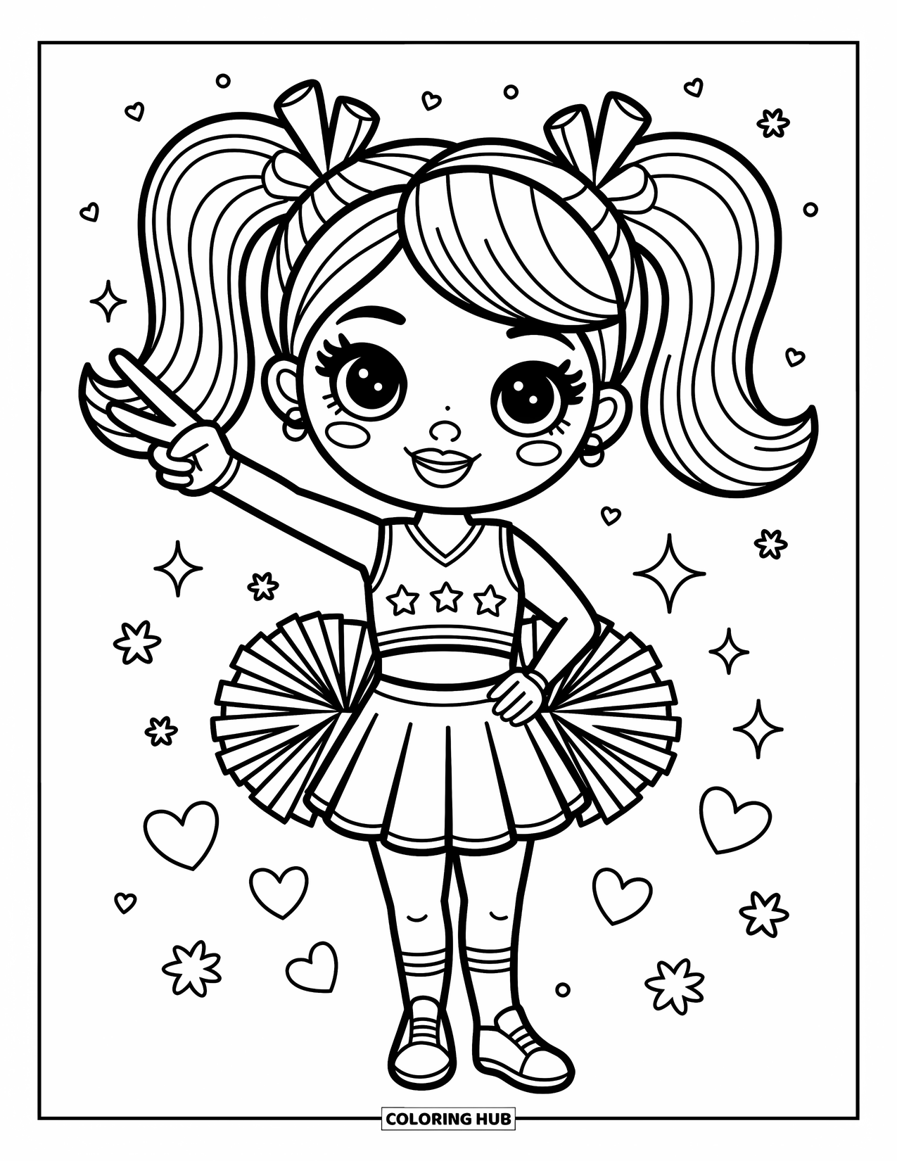 Cheerleader Coloring Page for Adults: Cheerleader with twin tails poses playfully with hearts and stars around her