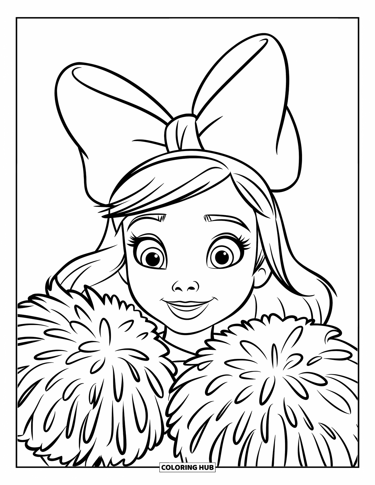 Cheerleader Coloring Page for Kids: Cheerful girl with big bow holds two large pom-poms