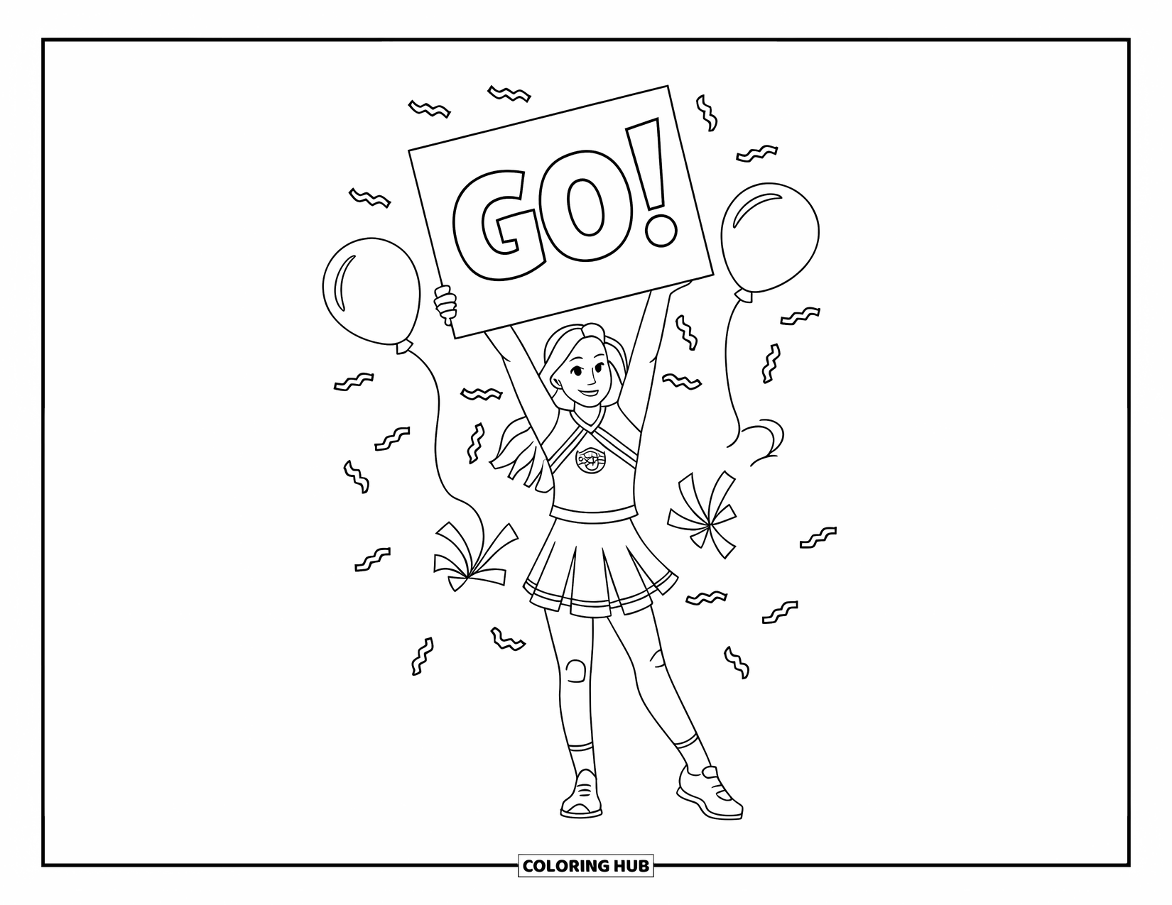 Cheerleader Coloring Page for Kids: Cheerleader holds a "Go!" sign near balloons and streamers
