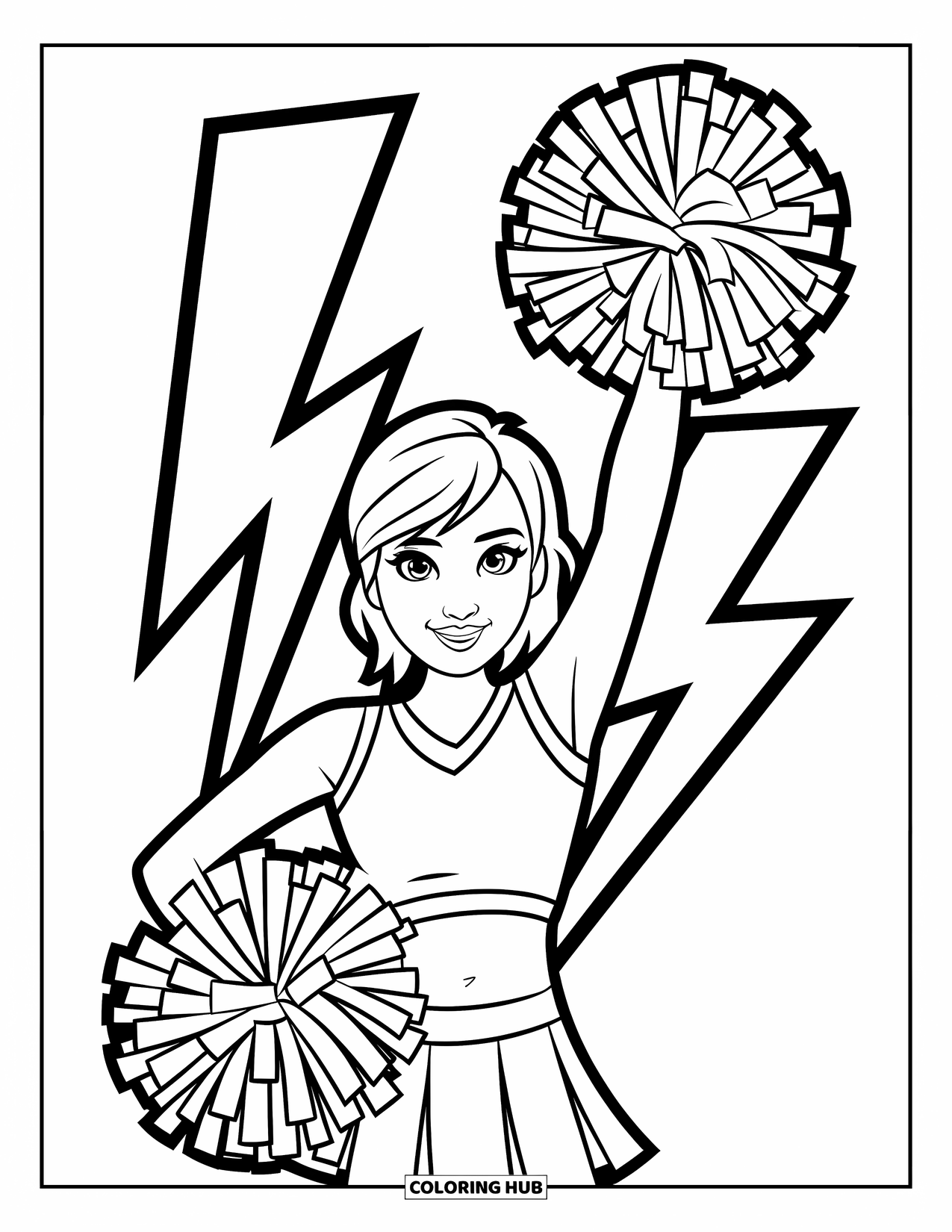 Cheerleader Coloring Page for Kids: Cheerleader holds pom-poms with a lightning bolt behind her