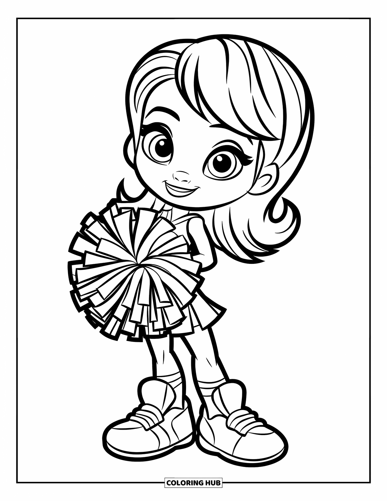Cheerleader Coloring Page for Kids: Cheerleader in big shoes waves happily with a pom-pom