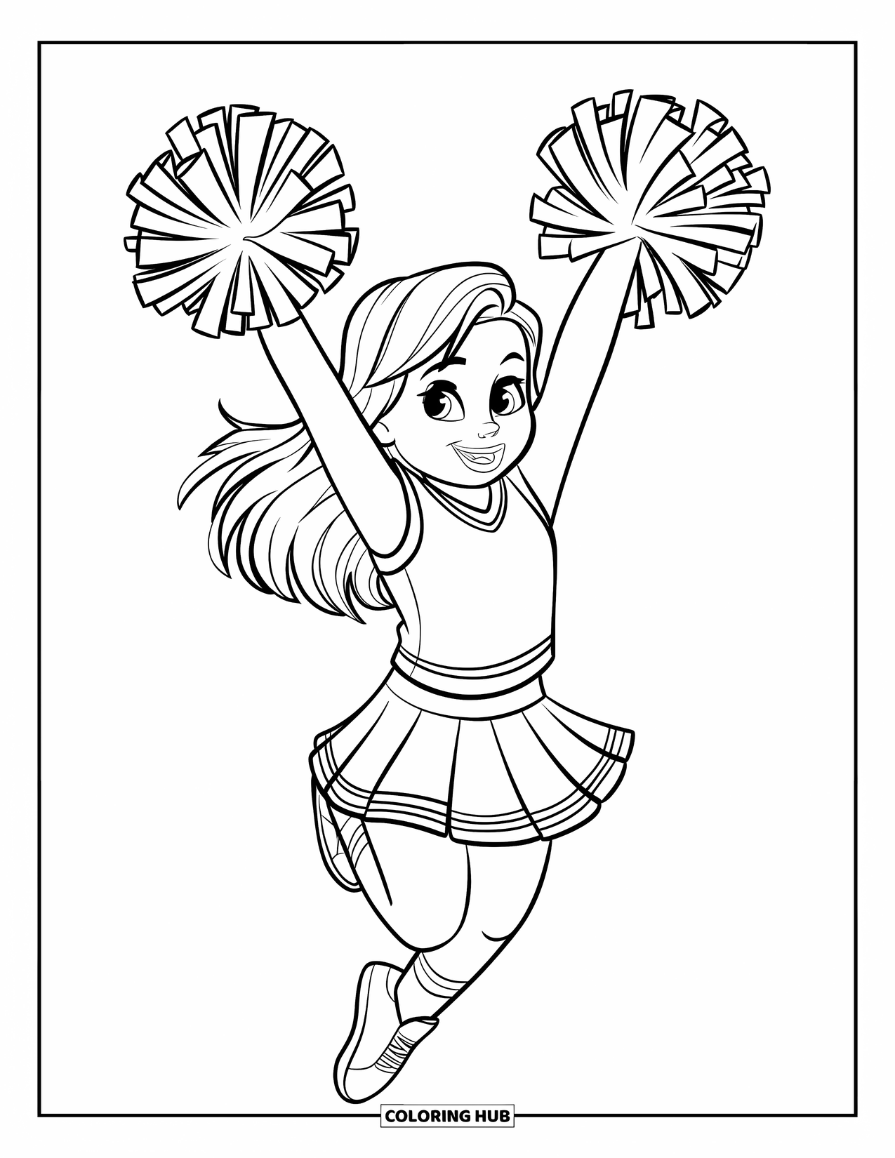 Cheerleader Coloring Page for Kids: Cheerleader jumps high with pom-poms raised and a big grin