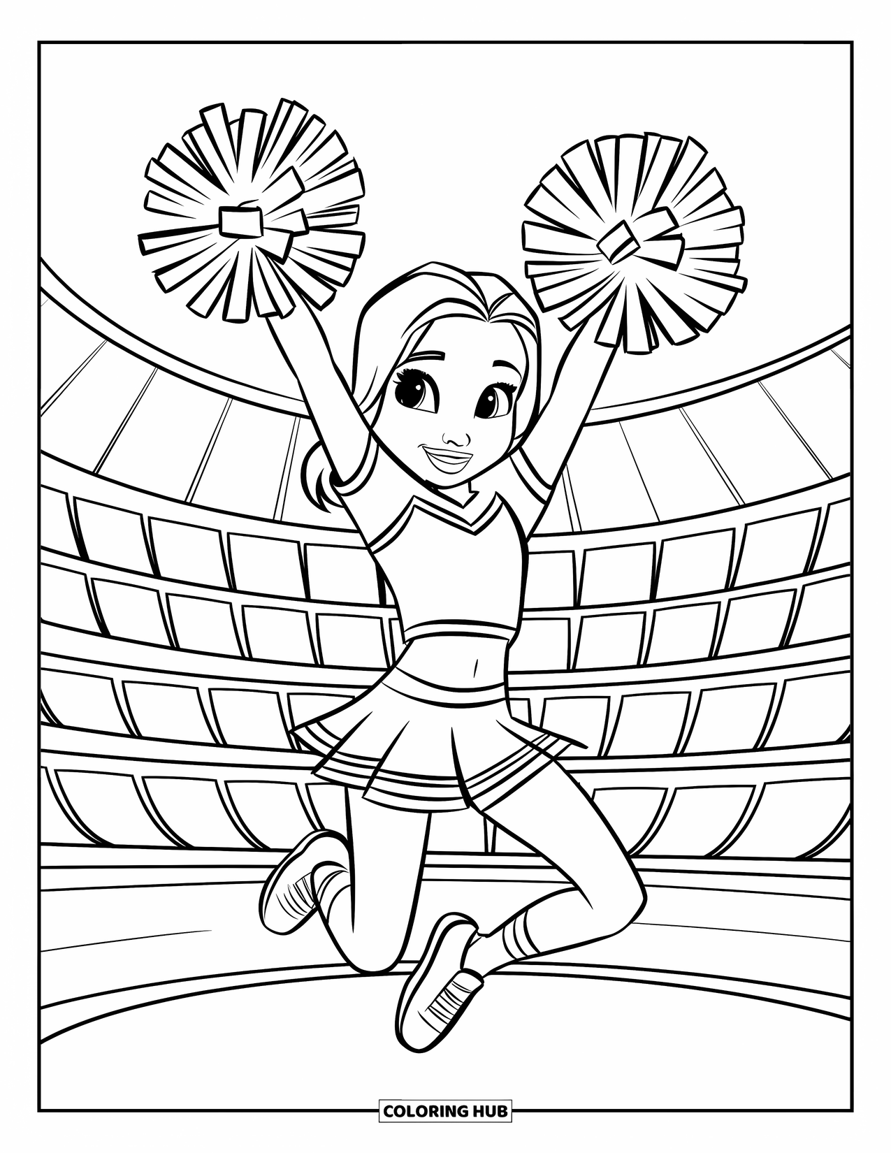 Cheerleader Coloring Page for Kids: Cheerleader jumps with pom-poms and a fun, cheerful stadium vibe