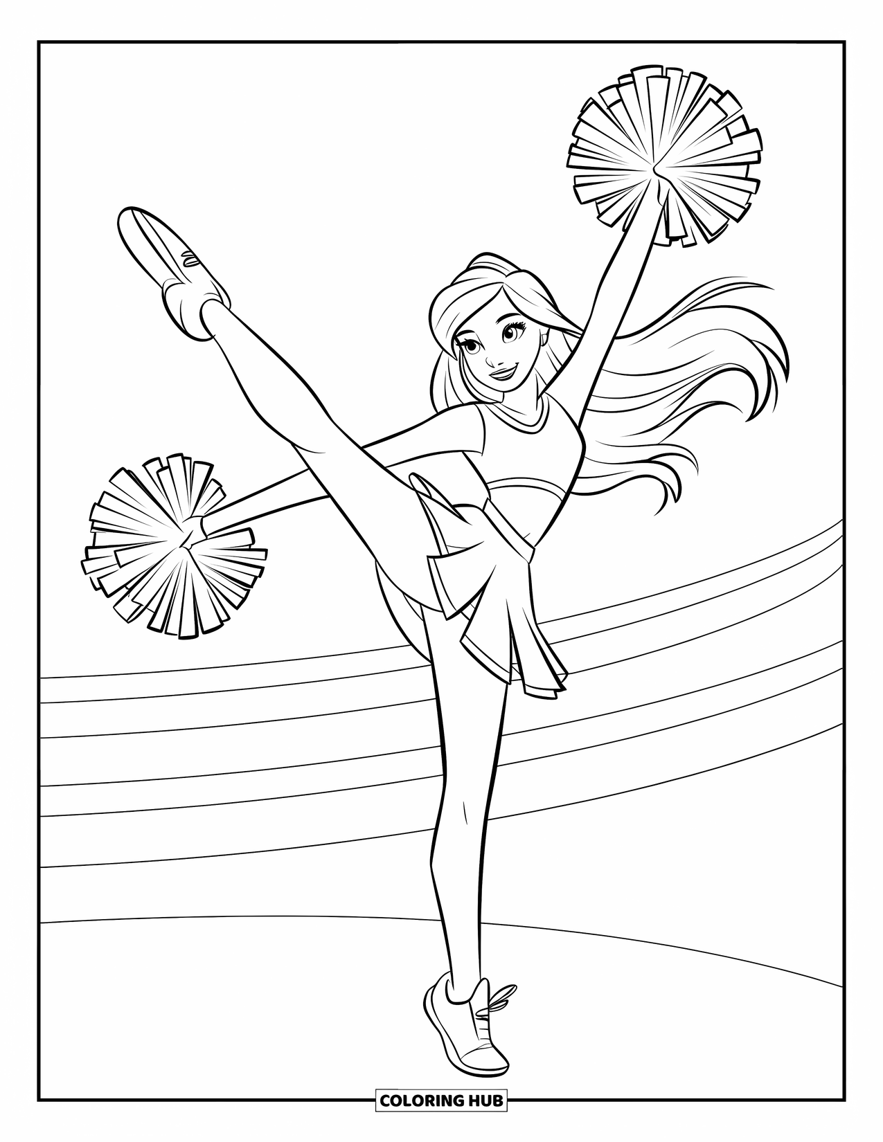 Cheerleader Coloring Page for Kids: Cheerleader kicks high with long hair and pom-poms mid-motion