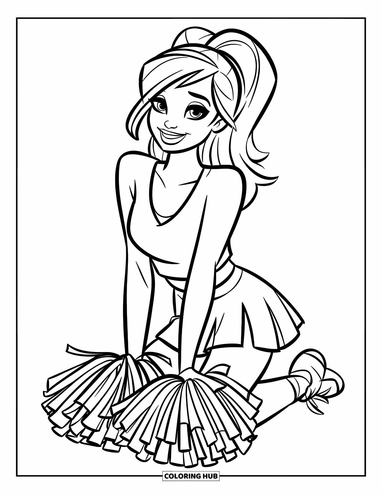 Cheerleader Coloring Page for Kids: Cheerleader kneels with pom-poms in front and a red skirt