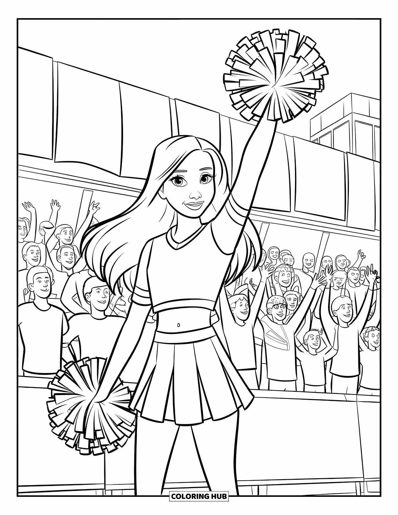 Cheerleader Coloring Page for Kids: Cheerleader smiles and waves with pom-poms and crowd behind