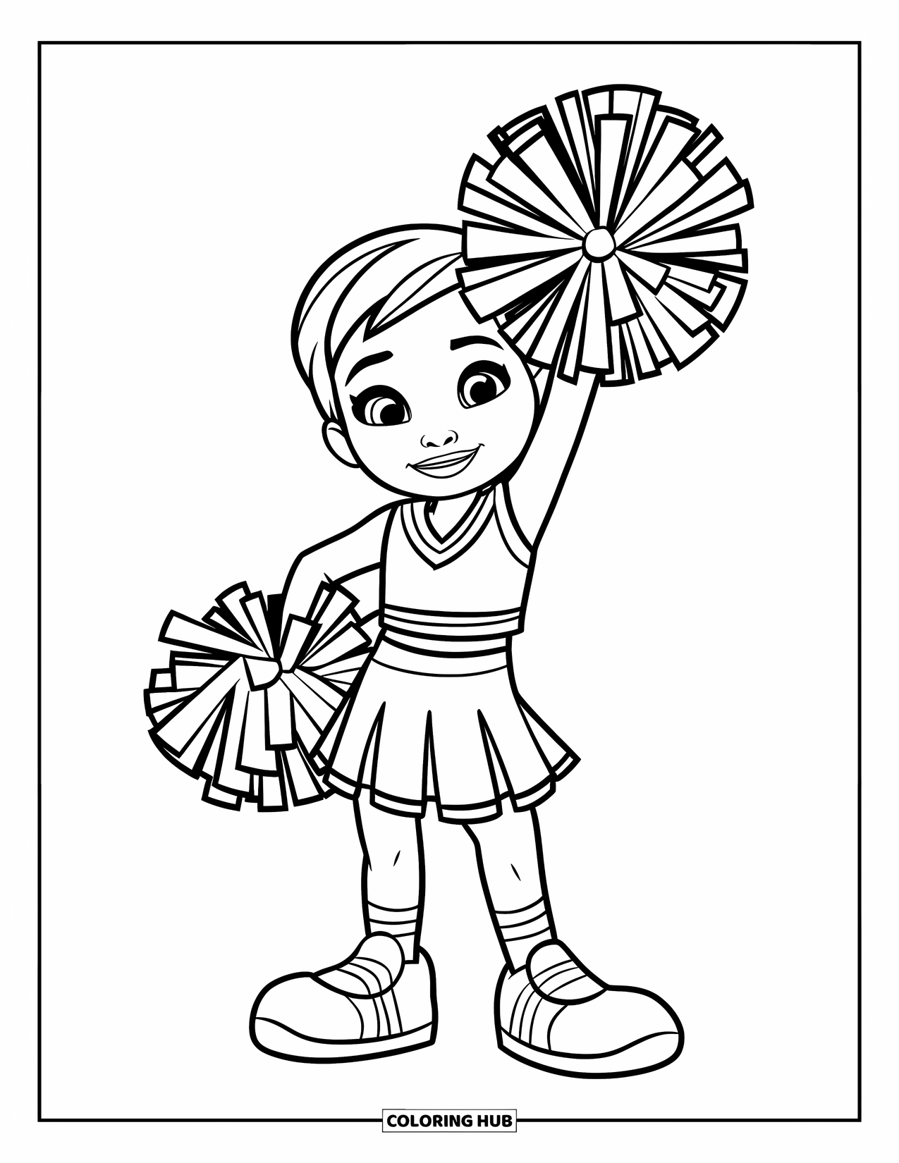 Cheerleader Coloring Page for Kids: Cheerleader stands with big shoes and pom-poms, smiling wide