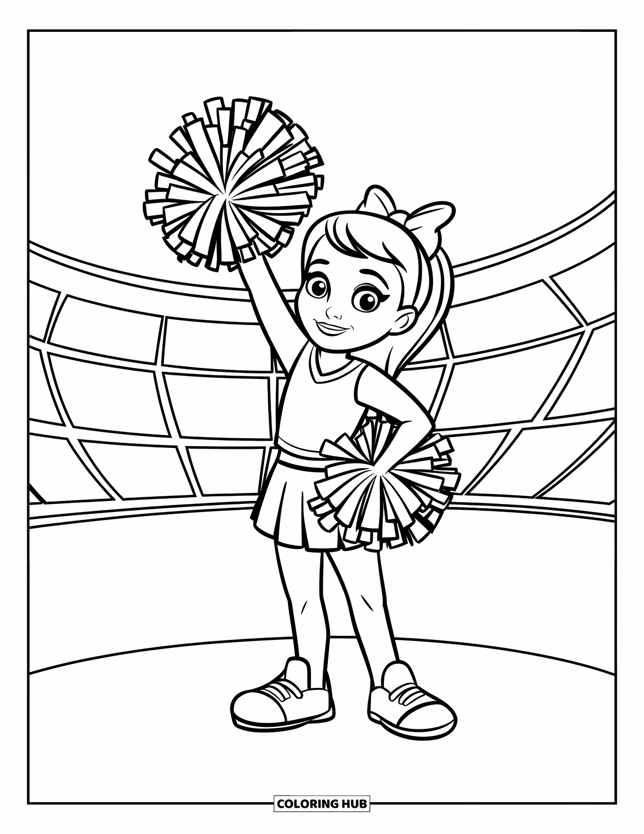 Cheerleader Coloring Page for Kids: Cheerleader waves from a platform with a blue bow and big smile
