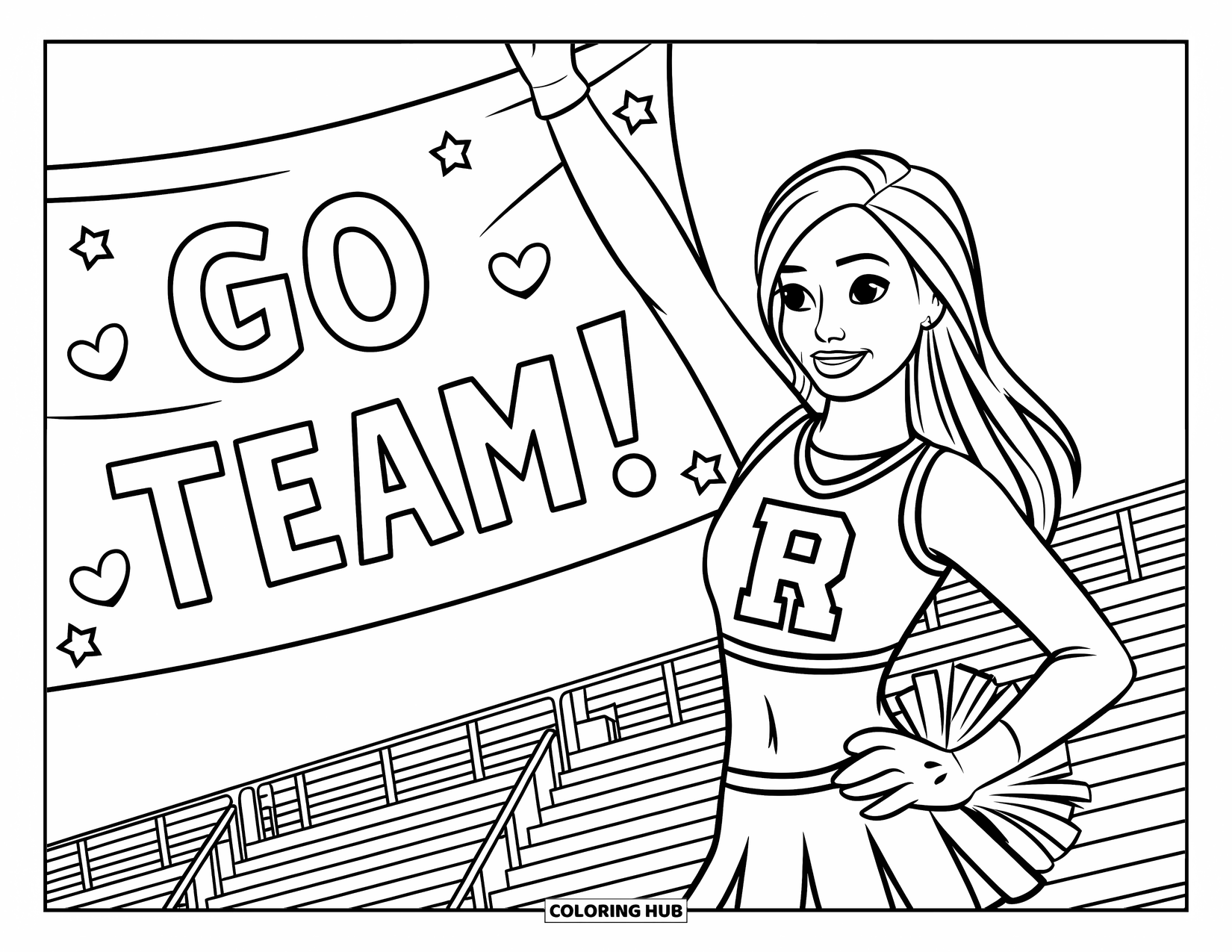 Cheerleader Coloring Page for Kids: Cheerleader waves near a banner with hearts, stars, and bleachers