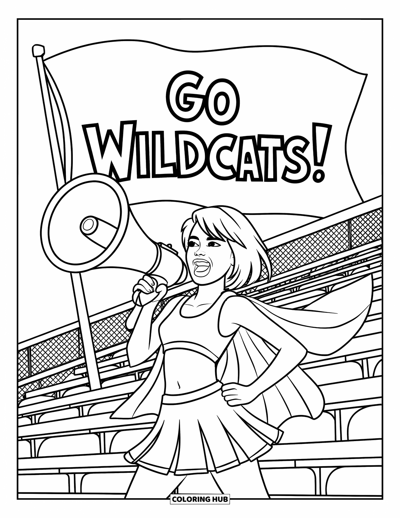 Cheerleader Coloring Page for Kids: Cheerleader with megaphone and flag cheers from the stadium bleachers