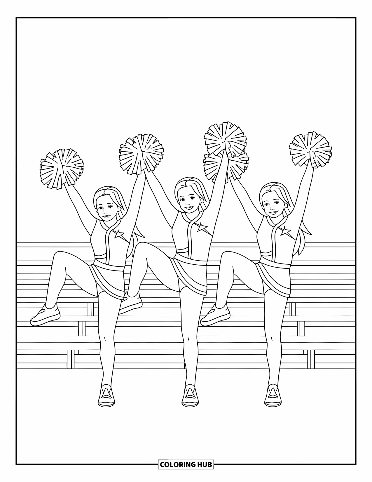Cheerleader Coloring Page for Kids: Cheerleaders kick and jump in sync by the bleachers