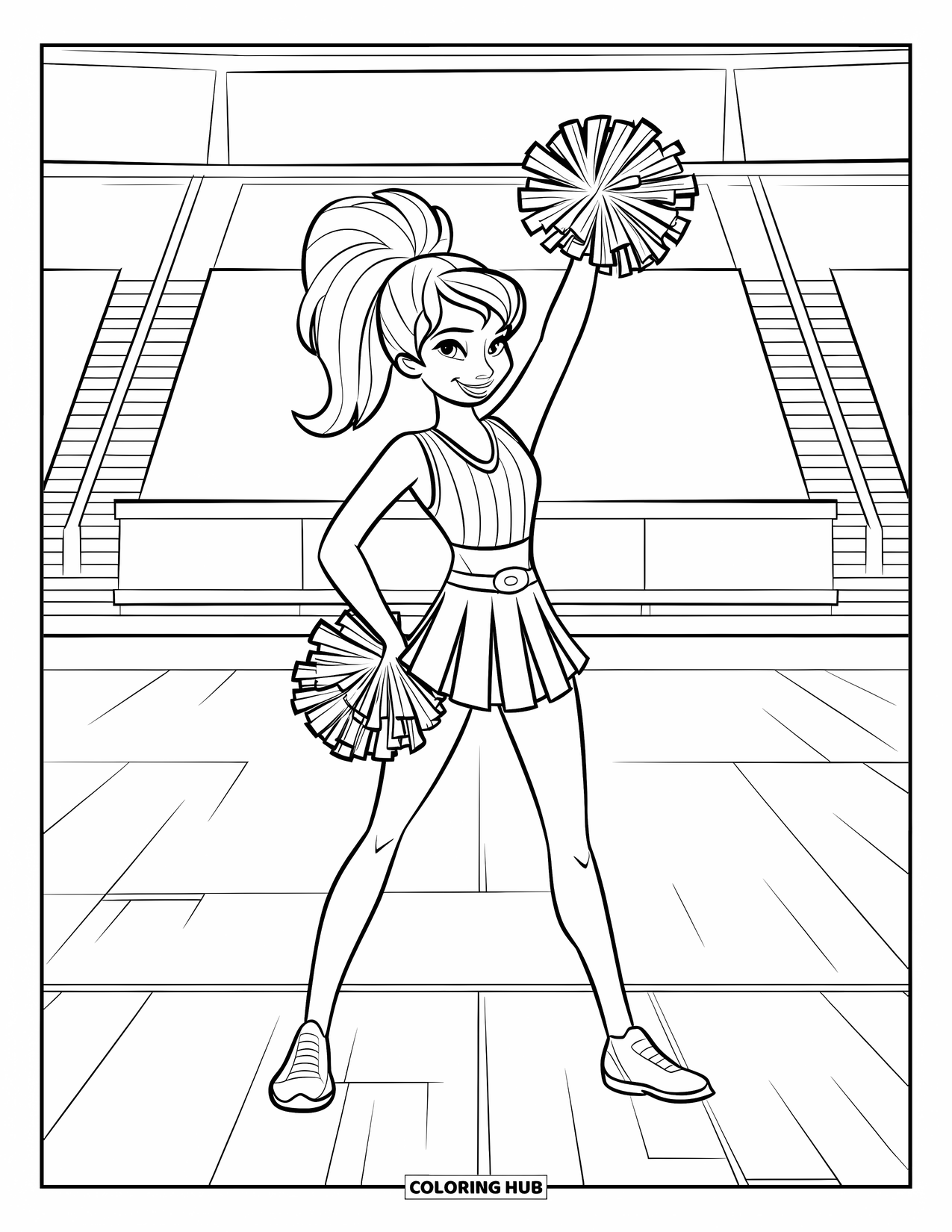 Cheerleader Coloring Page for Kids: Confident cheerleader poses with pom-pom and striped outfit in a stadium