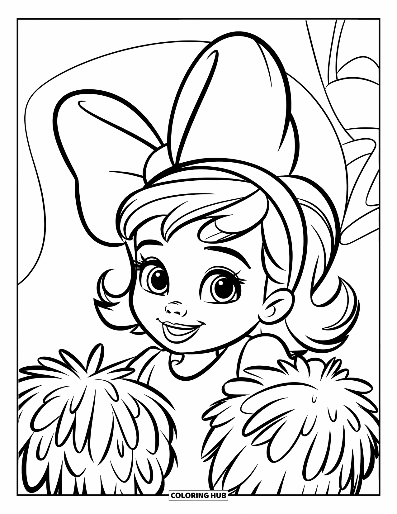 Cheerleader Coloring Page for Kids: Happy girl with big bow holds pom-poms and grins wide