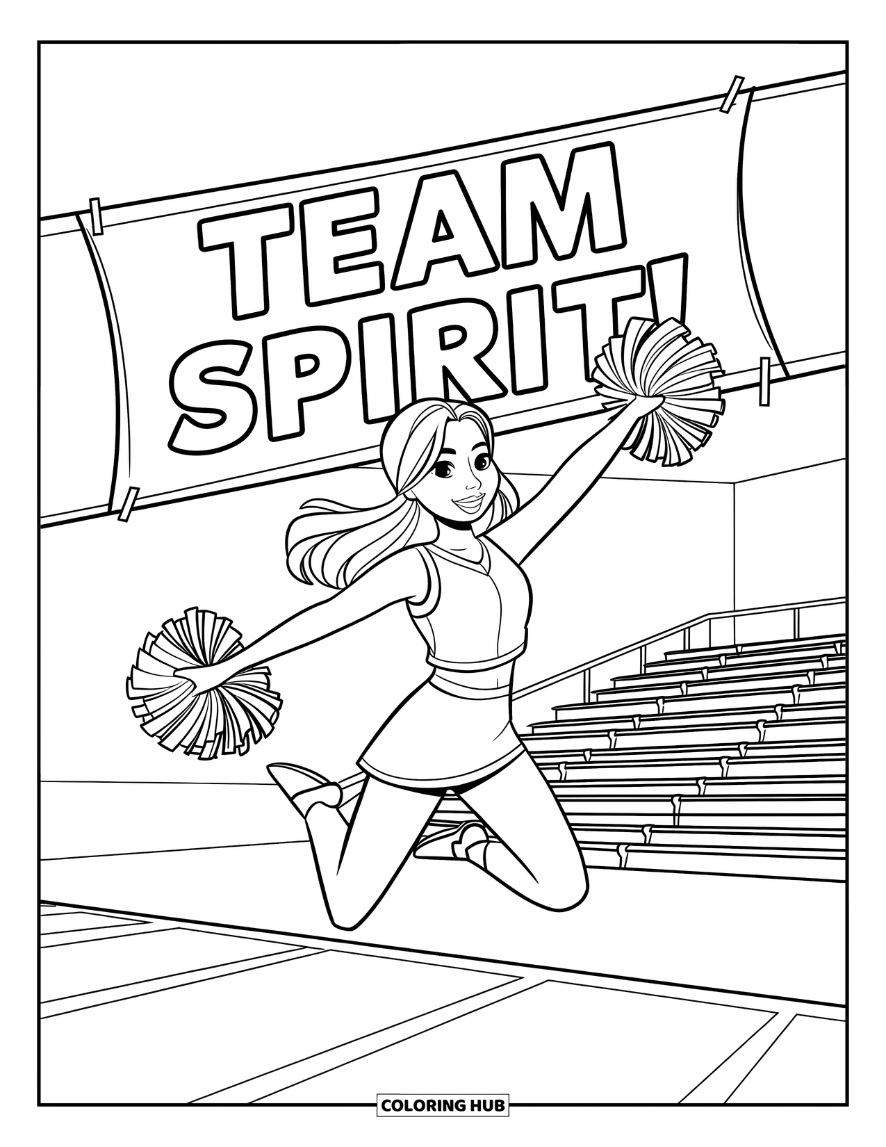 Cheerleader Coloring Page for Kids: Jumping cheerleader with pom-poms under a bold "Team Spirit!" banner
