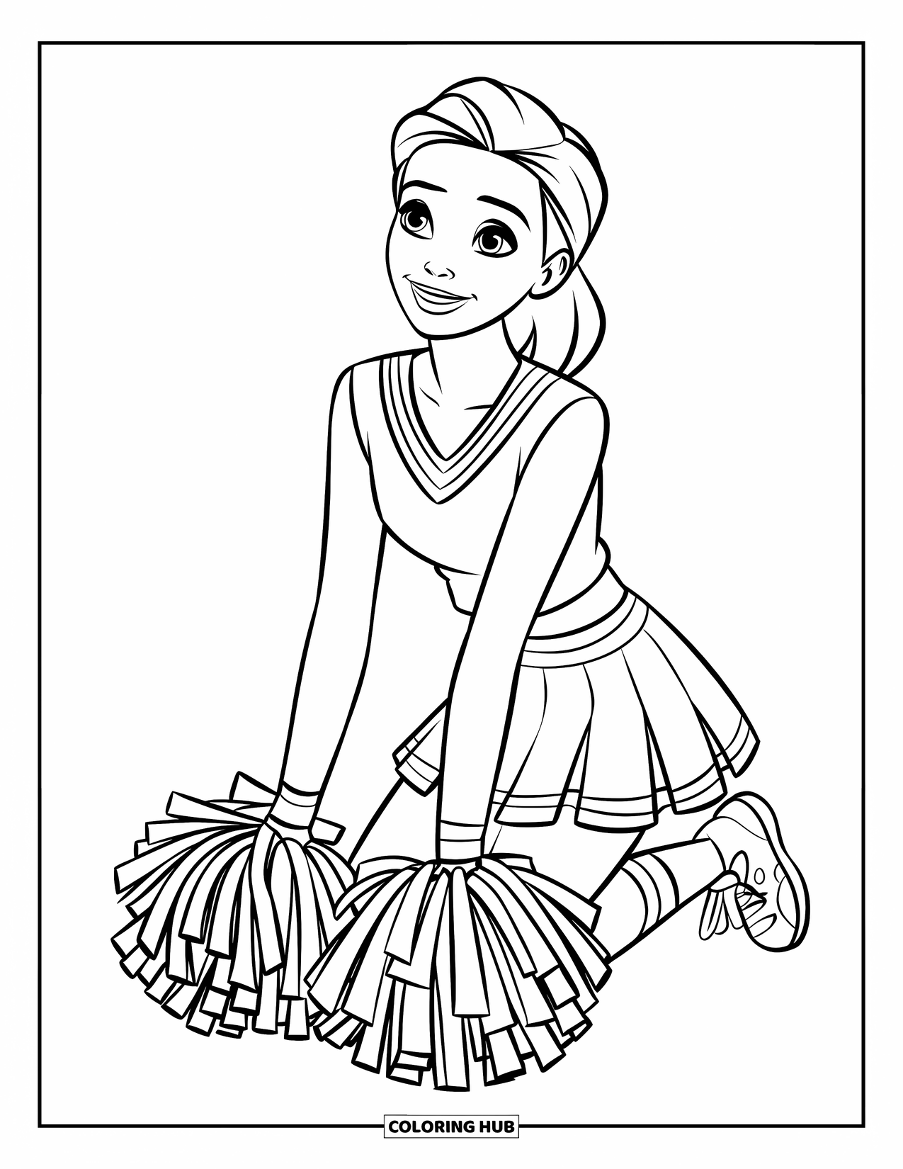 Cheerleader Coloring Page for Kids: Smiling cheerleader kneels with pom-poms and white skirt