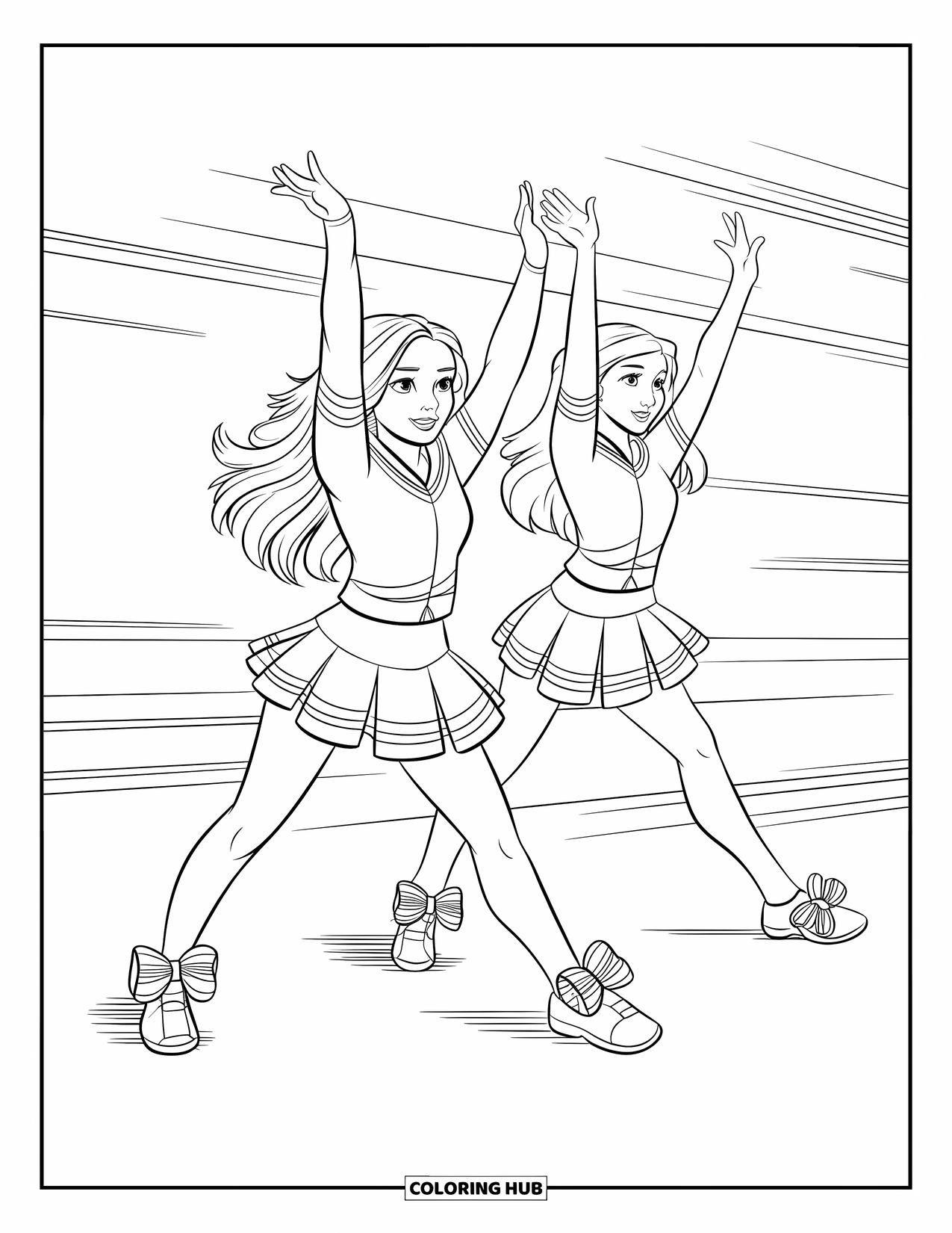 Cheerleader Coloring Page for Kids: Two cheerleaders pose mid-move with bows and raised hands
