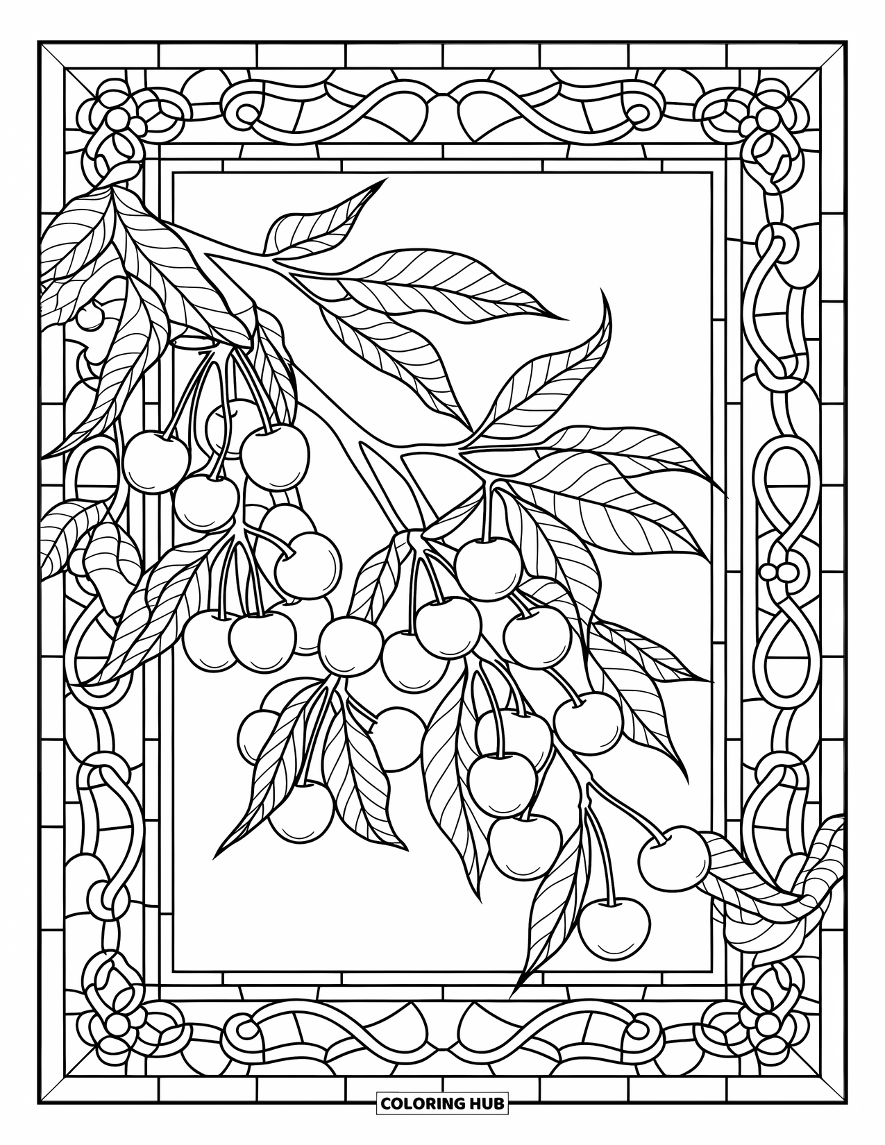 Cherry Coloring Page for Adults: A cherry branch filled with fruit is framed by a stained-glass-style border