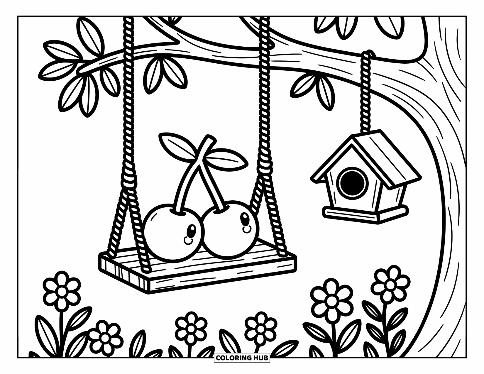 Cherry Coloring Page for Adults: A cherry pair rests on a swing with a birdhouse and flowers nearby