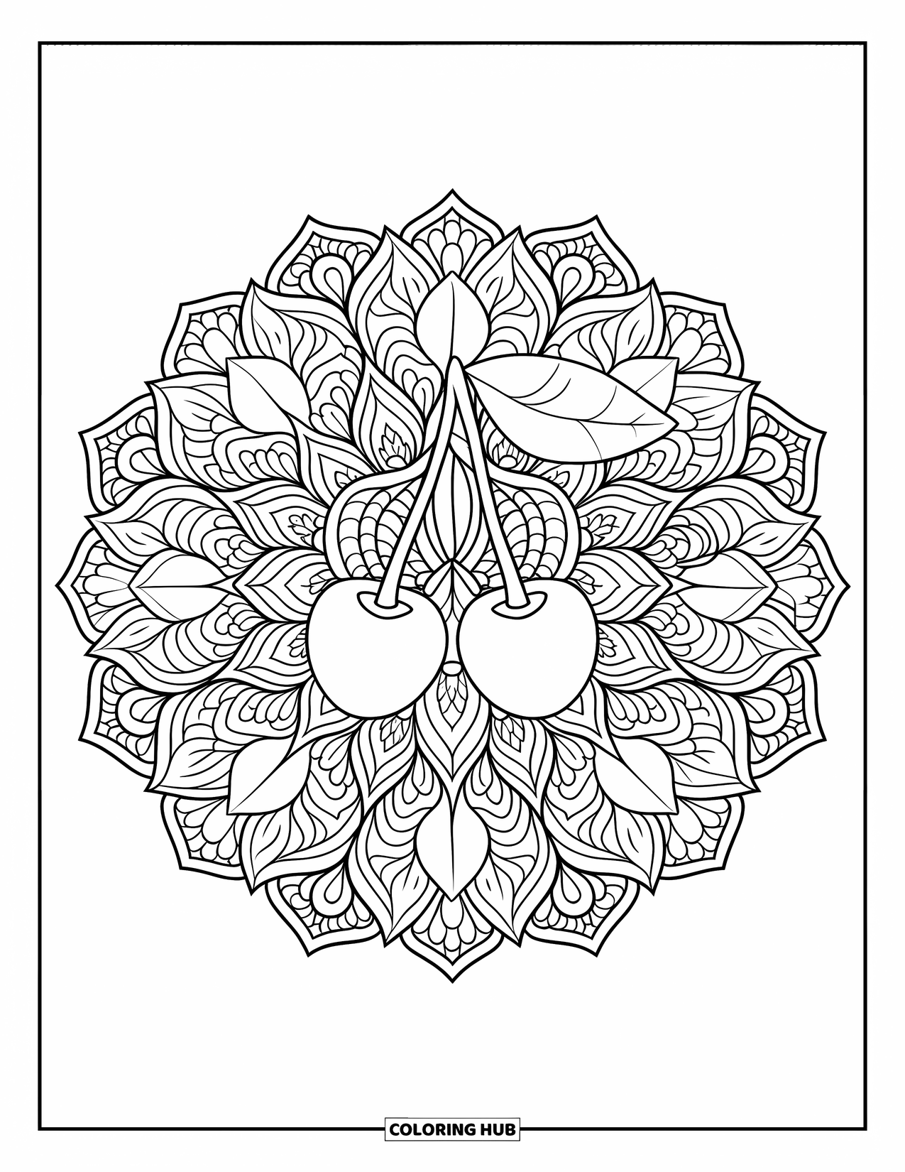 Cherry Coloring Page for Adults: A single cherry sits in the center of a full-page botanical mandala