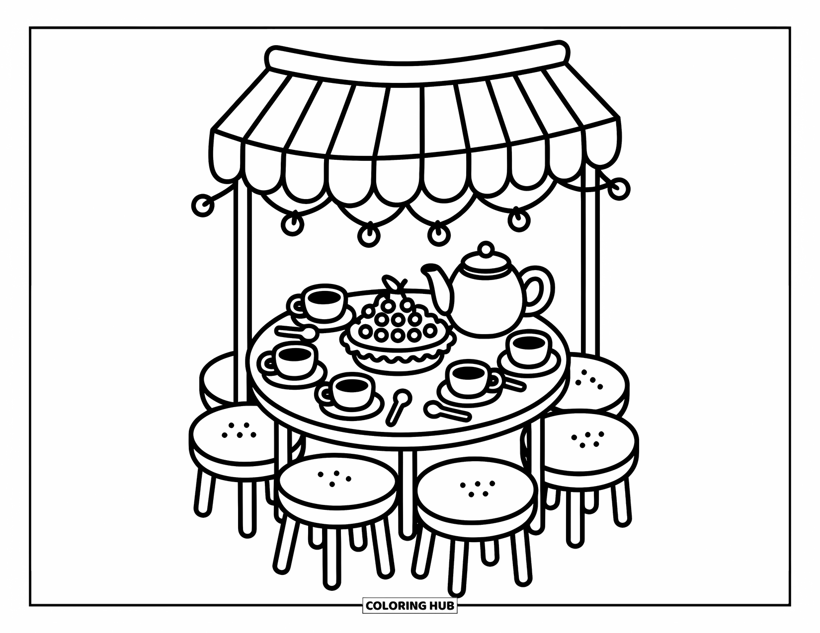 Cherry Coloring Page for Adults: A tiny table is set with cherry pie, teacups, and a teapot under a striped awning