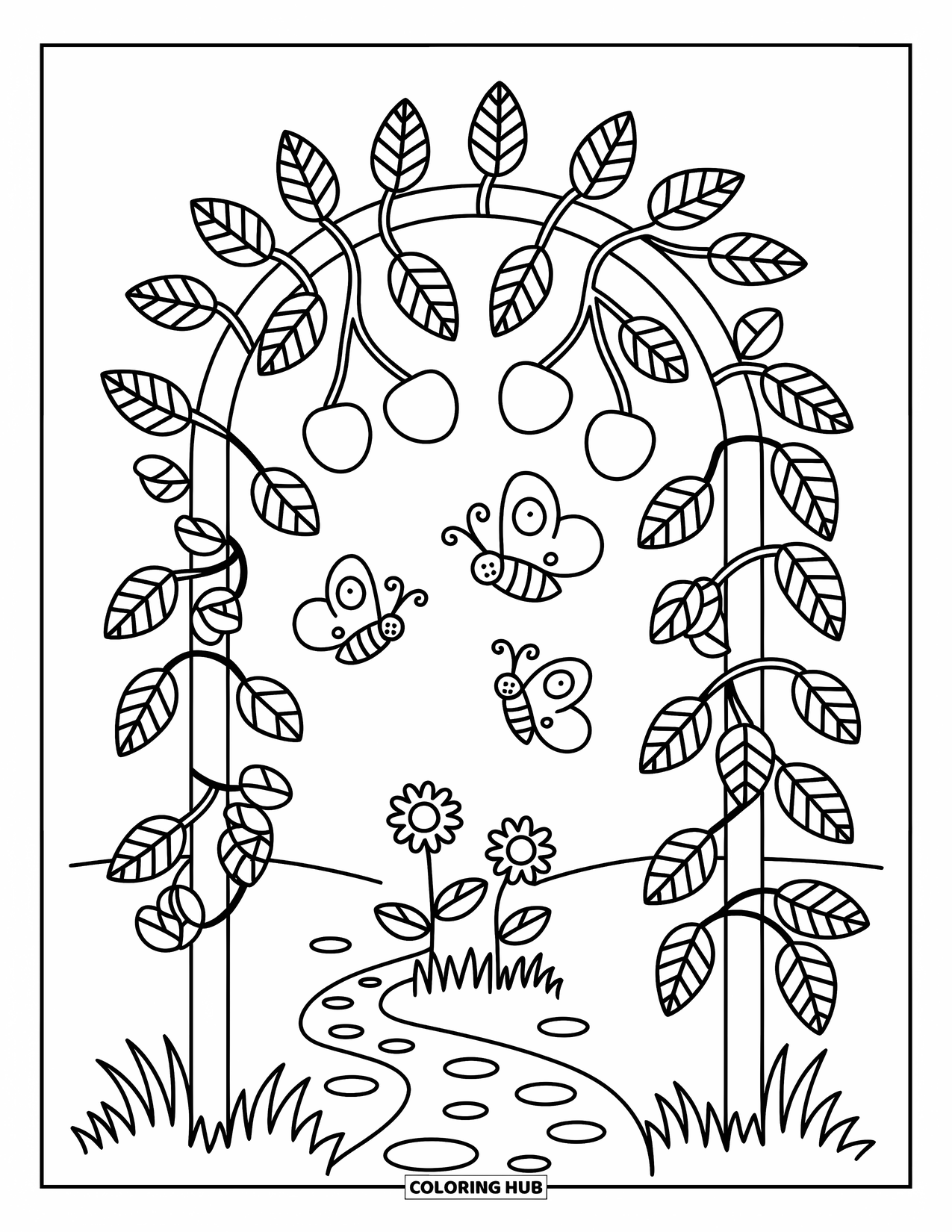 Cherry Coloring Page for Adults: A trellis with cherry vines stands above a path with butterflies and flowers nearby