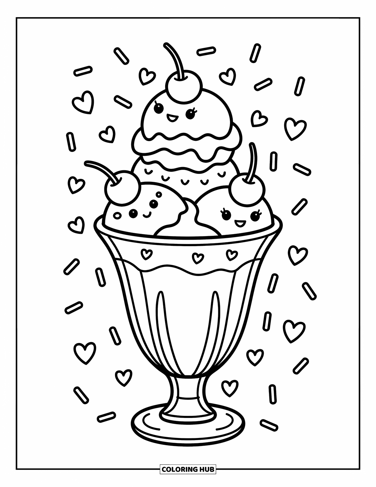 Cherry Coloring Page for Adults: Cherries crown each scoop of a sundae with hearts and sprinkles scattered around
