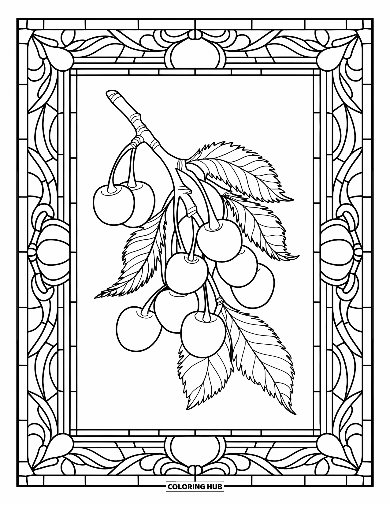 Cherry Coloring Page for Adults: Cherries hang from a branch within a floral stained glass frame