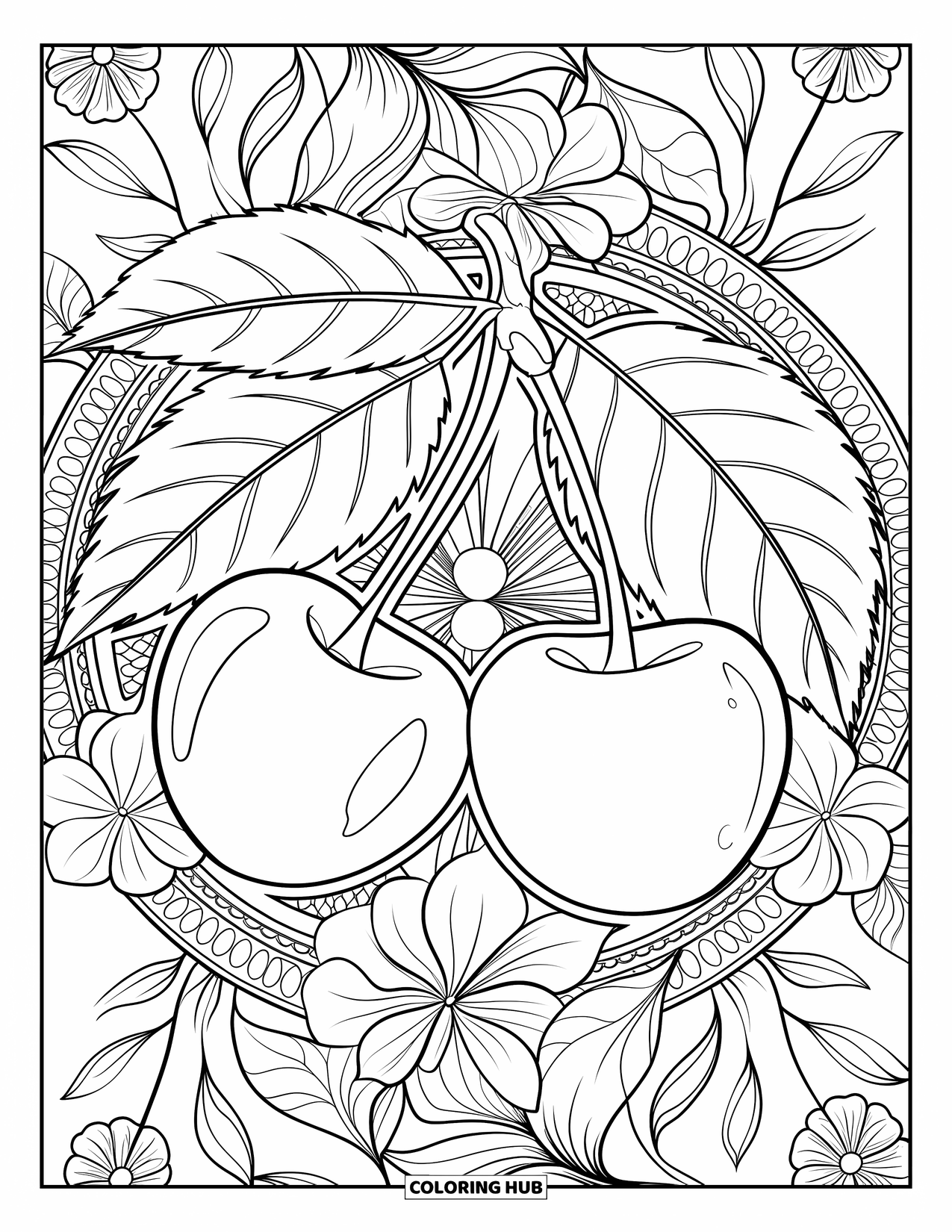 Cherry Coloring Page for Adults: Cherries on a branch are surrounded by detailed flowers, vines, and ornate leaves