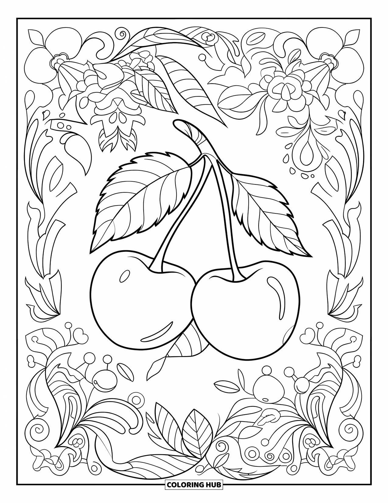 Cherry Coloring Page for Adults: Cherries rest on a leafy branch surrounded by flowers, hearts, and swirls