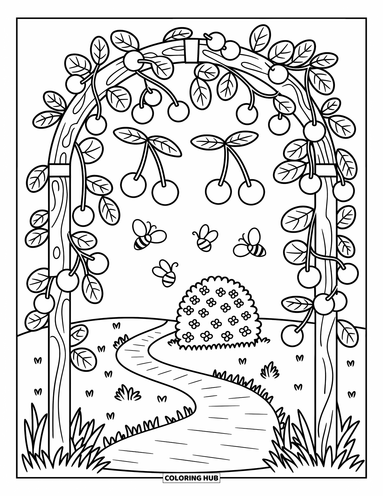 Cherry Coloring Page for Adults: Cherry vines curl around a garden trellis with butterflies, bees, and a winding path