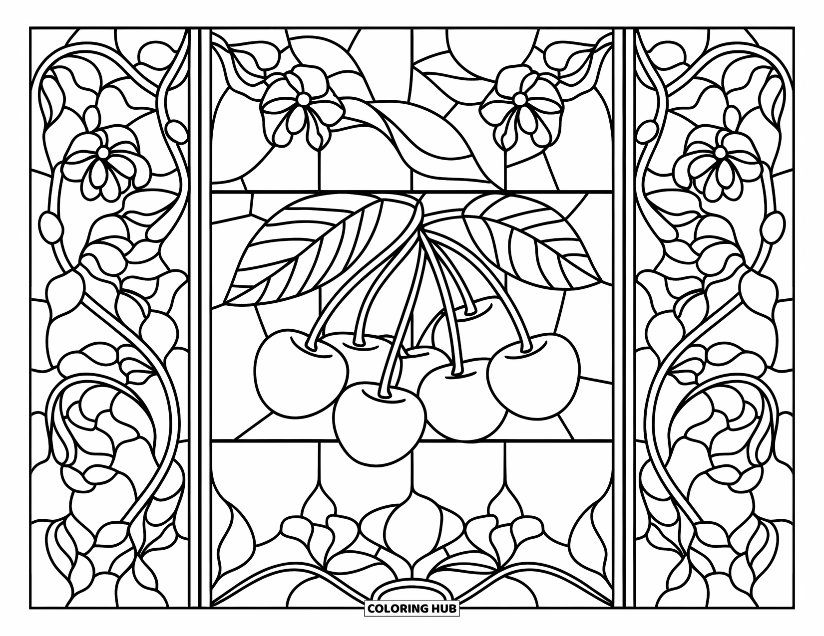 Cherry Coloring Page for Adults: Hanging cherries are framed by swirling stained glass panes and floral patterns