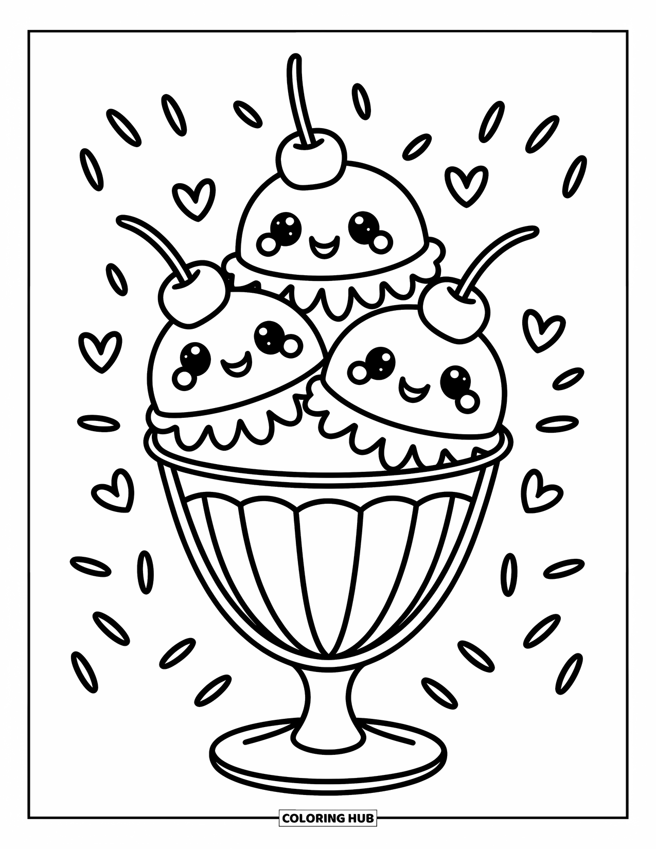 Cherry Coloring Page for Adults: Scoops of ice cream with cherries and sprinkles fill a tall sundae glass