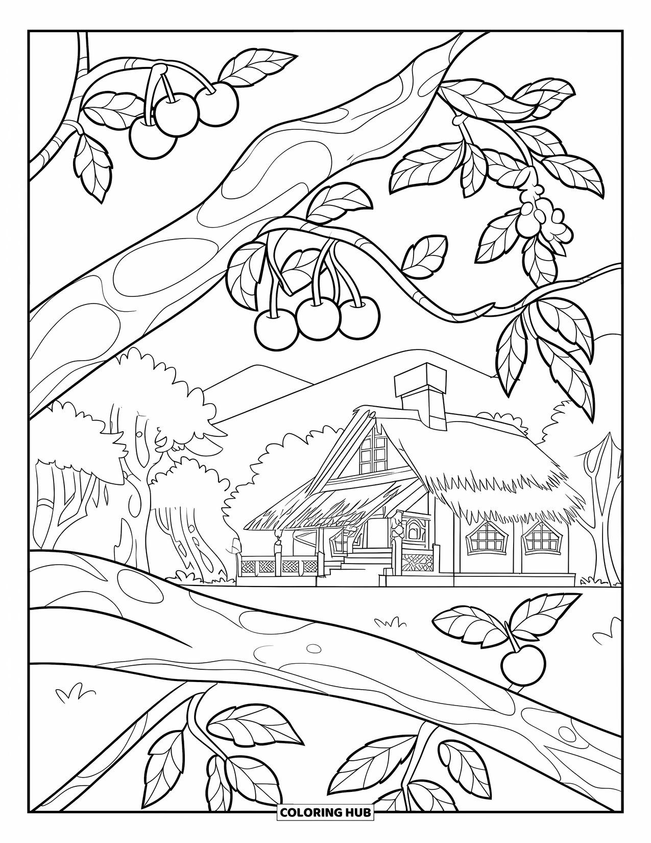 Cherry Coloring Page for Kids: A cherry branch hangs above a cozy home with mountain views