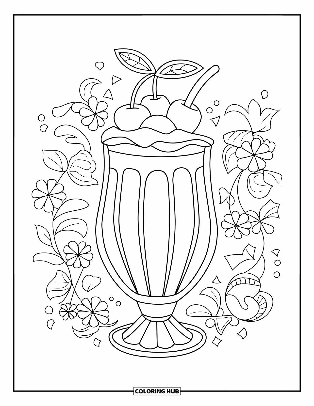 Cherry Coloring Page for Kids: A cherry milkshake stands surrounded by simple floral patterns