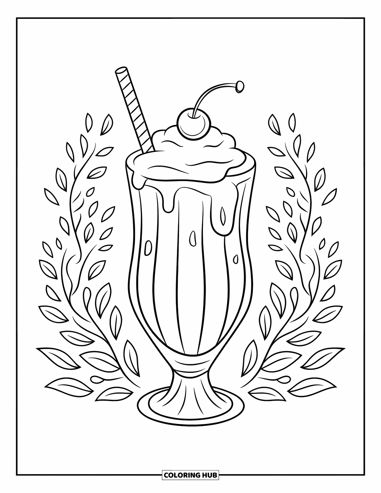 Cherry Coloring Page for Kids: A cherry milkshake with a straw sits among soft floral designs